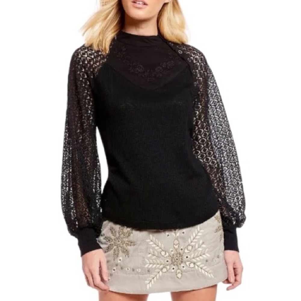 Free People Sweetest Thing Crochet-Sleeve‎ Waffle Embroidered Black Top M